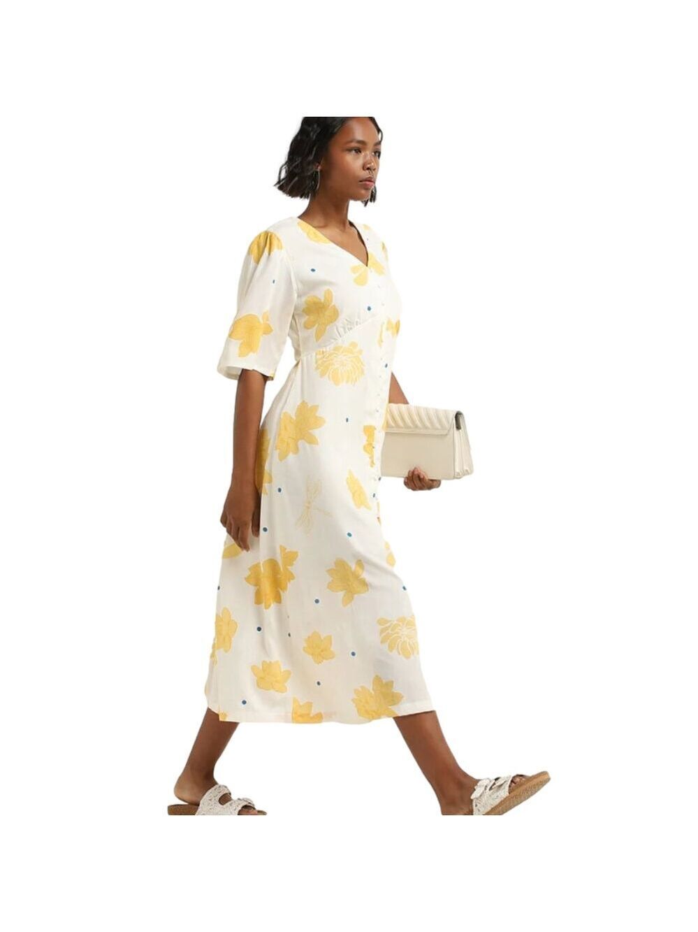 Bombay Paisley by Westside White Floral Printed Empire-Line Ruffle Sleeve Dress